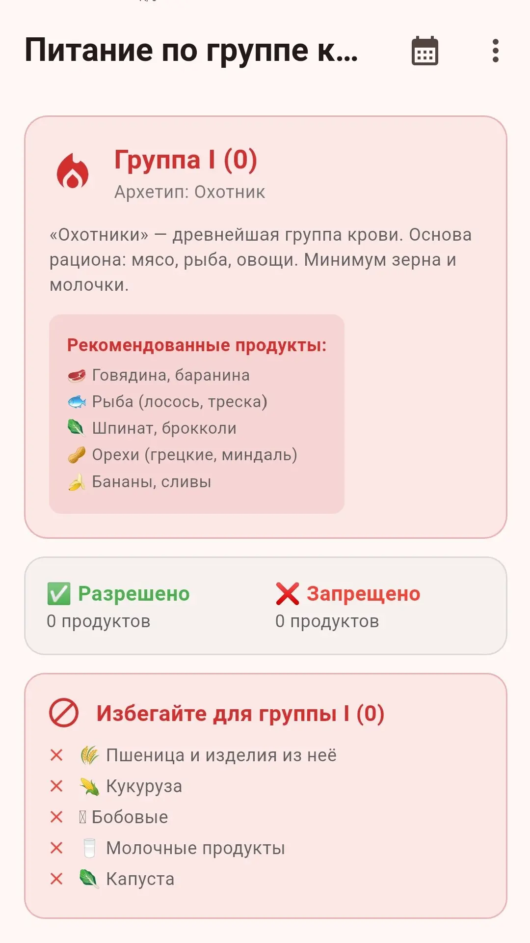 Скриншот приложения Питание по группе крови