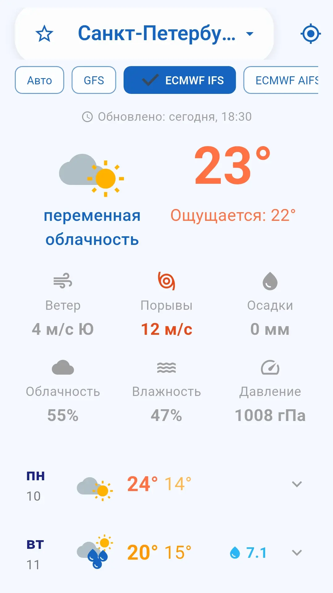 Скриншот приложения Метеограм